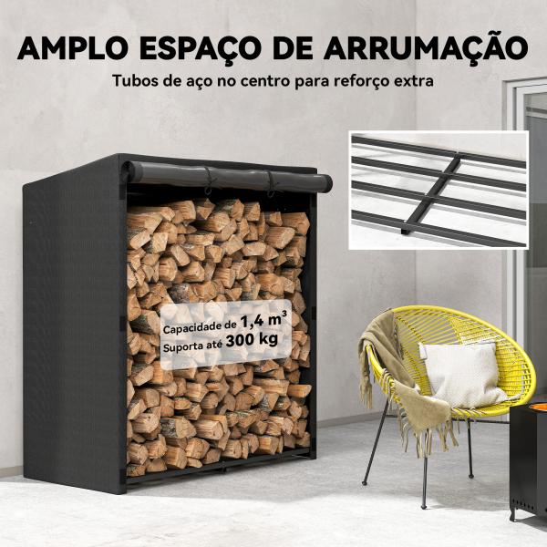 Suporte Metálico para Lenha 140x70x154 cm com Capa Impermeável 600D Oxford Estrutura de Aço Preto