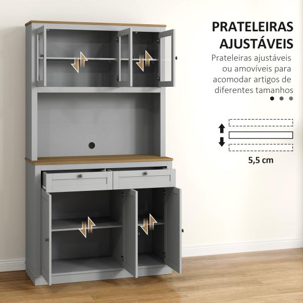 Armário de Cozinha com 3 Portas de Vidro Compartimento Aberto 2 Gavetas e Prateleiras Ajustáveis 100x40x180 cm Cinzento