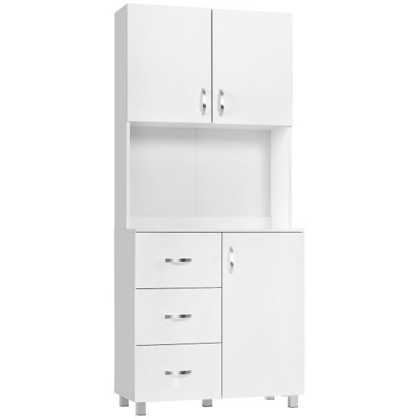 Armário de Armazenamento de Cozinha Armário Alto com 3 Gavetas 3 Portas e Prateleiras Interiores Ajustáveis móvel Auxiliar para Sala de Jantar Sala de Estar 80x39,5x183,5cm Branco