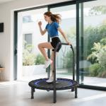 Trampolim de Fitness Ø102 cm Dobrável com Guiador Ajustável de 4 Níveis e Bandas para Treino de Pernas e Corpo Azul