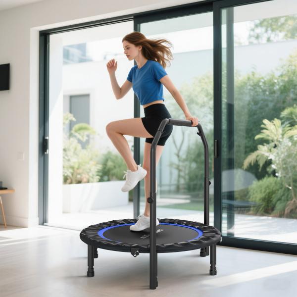 Trampolim de Fitness Ø102 cm Dobrável com Guiador Ajustável de 4 Níveis e Bandas para Treino de Pernas e Corpo Azul