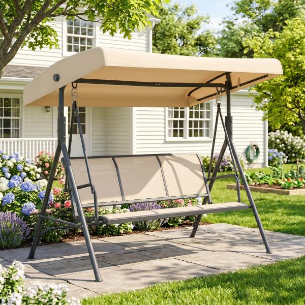Baloiço de Jardim Exterior de 3 Lugares com Toldo Reclinável Assento Respirável e Estrutura de Aço 175x118x159 cm Bege