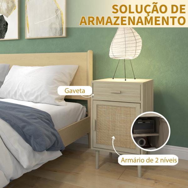 Conjunto de 2 Mesas de Cabeceira com Gaveta de Vime e Prateleira Ajustável para Quarto Sala 40x40x68,5 cm Carvalho