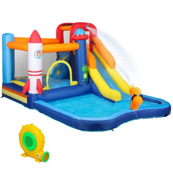 Castelo Insuflável com Insuflador 5 em 1 com Escorrega Piscina Parede de Escalada e Canhão de Água 360x250x195 cm Multicor
