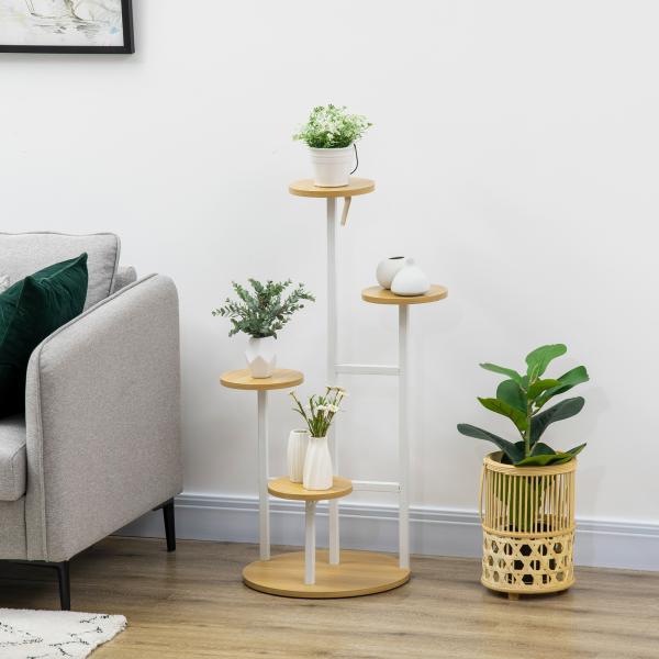 Suporte para Plantas de 4 Níveis Suporte para Vasos de Plantas com Estrutura de Aço 40x40x95,5cm Madeira e Branco
