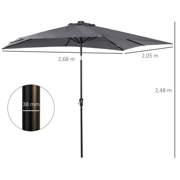 Chapéu de Sol com Luzes LED 268x205x248 cm Chapéu de Sol de Jardim Inclinável até 45° e Abertura a Manivela Cinza Escuro