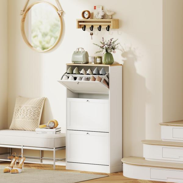 Móvel Sapateira de Entrada com 3 Gavetas Basculantes e Prateleiras Ajustáveis para 18 Pares de Sapatos 60x23,5x115 cm Branco