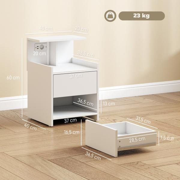 Mesa de Cabeceira com Estação de Carregamento Portos USB Gaveta e Prateleiras Abertas 40x40x60 cm Branco