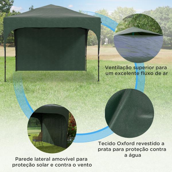 Tenda Dobrável com Altura Ajustável 1 Parede Lateral Teto com Ventilação 4 Sacos de Areia e Bolsa de Transporte 3x3 m Verde