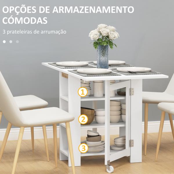 Mesa Dobrável com Asas Dobráveis Mesa de Cozinha com 2 Rodas e Prateleiras Estilo Moderno 120x60x75 cm Branco