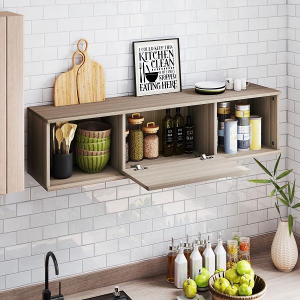 Armário de Parede Móvel para TV Suspenso com 2 Compartimentos Abertos e Porta Rebatível 120x30x29,5 cm Marrom Escuro