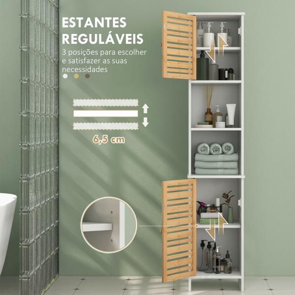 Coluna Casa de Banho Móvel Auxiliar Casa de Banho com Prateleiras Ajustáveis e Portas de Bambu 35x30x170 cm Branco e Madeira