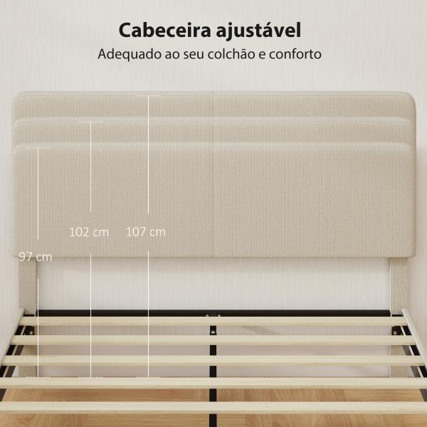 Cama 160x200 cm com Cabeceira Ajustável Estofada em Bombazina Ripas de Madeira Montagem Fácil Cinza Claro
