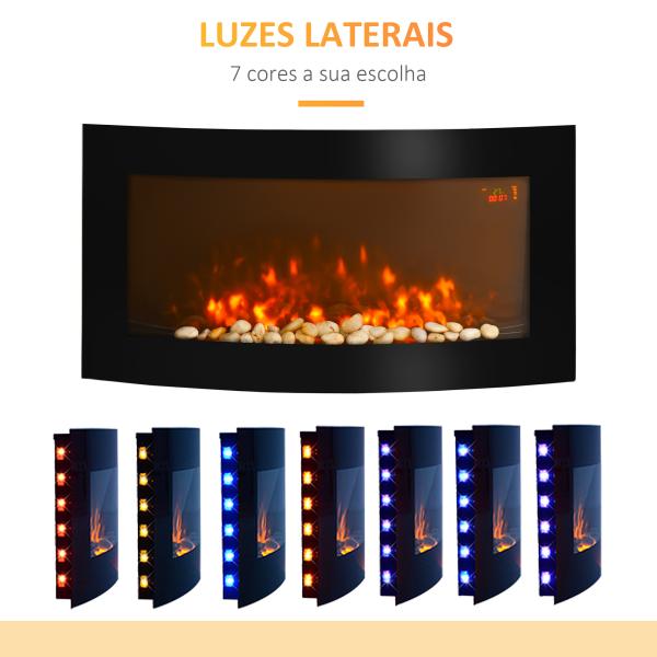 Lareira Elétrica de Parede com Efeito de Chama Realista Luzes LED e Potência Ajustável 1000W/2000W 89,2x13,5x48cm Preto