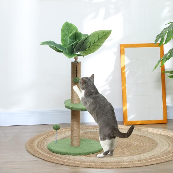 Árvore Arranhadora para Gatos 83 cm com Folhas Artificiais, Poste em Juta, Plataformas em Pelúcia e 2 Brinquedos, Verde
