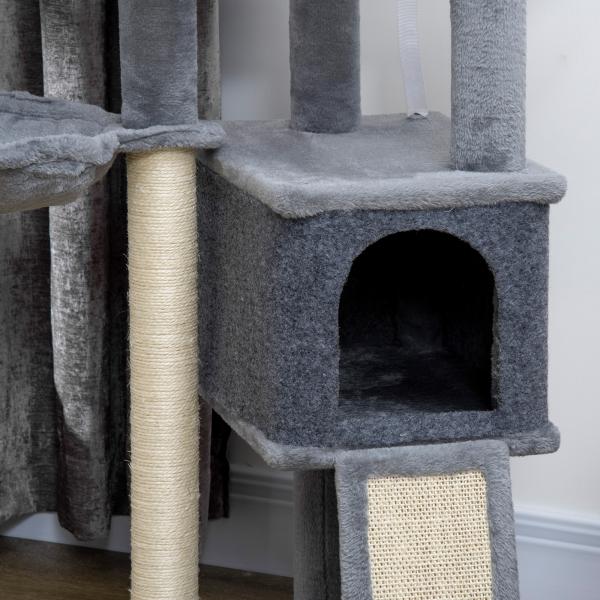 Arranhador para Gatos 127 cm com Caverna Rede Cama Plataformas Rampa de Sisal Bola Pendurada Cinza