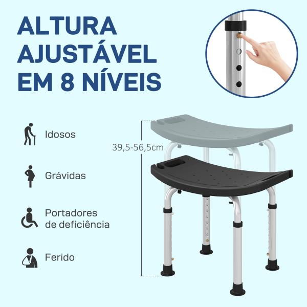 Banco de Duche com Altura Ajustável em 8 Posições com Base de Borracha Antiderrapante 50x36x39,5 - 56,5 cm Preto