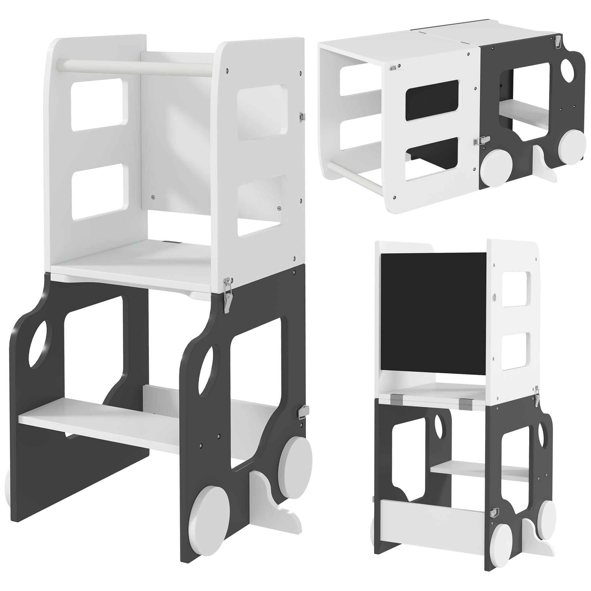 Torre de Aprendizagem 4 em 1 para Crianças em Forma de Carro Convertível em Mesa e Cadeira 58x46x92 cm Branco e Cinza