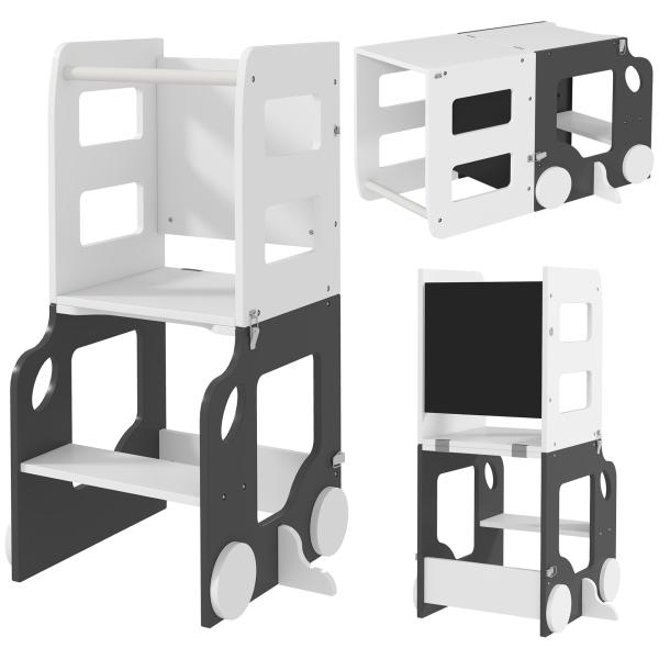 Torre de Aprendizagem 4 em 1 para Crianças em Forma de Carro Convertível em Mesa e Cadeira 58x46x92 cm Branco e Cinza