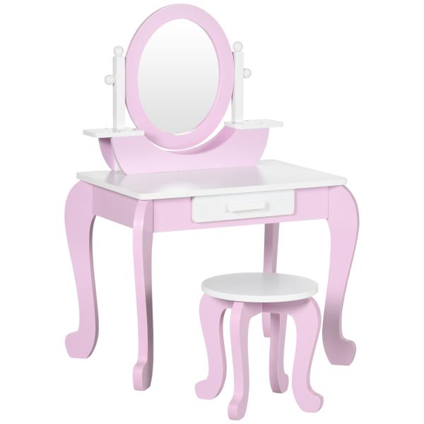 Toucador Infantil com Banco Espelho e Gaveta Mesa de Maquilhagem para Crianças entre 3 - 6 Anos 65,5x46x93cm Rosa