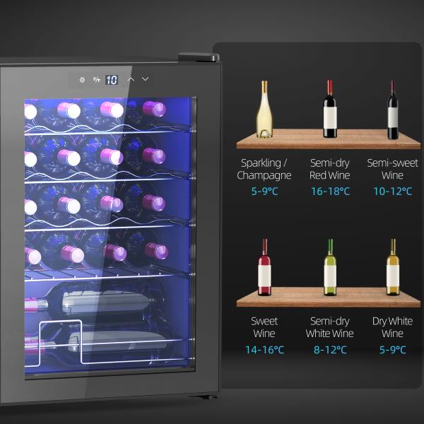 Frigorífico para Vinhos 20 Garrafas com Compressor, Porta Anti - UV, 5 - 18 °C, Painel Tátil, Luz LED, 39 dB, Preto