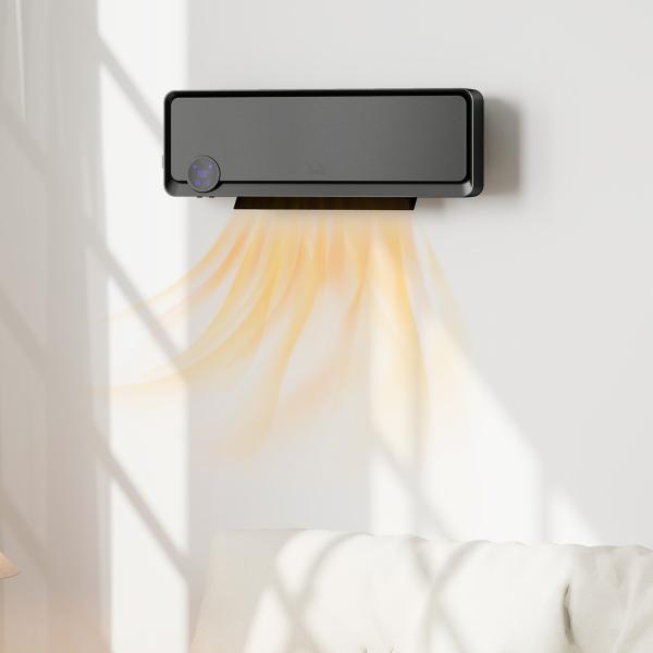 Aquecedor Cerâmico de Parede 1000W/2000W com Controle Remoto Tela LED Temporizador de 12h Termostato 56x18,5x11,7 cm Preto