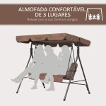 Baloiço de Jardim de 3 Lugares com Almofada Toldo Ajustável e Estrutura de Aço para Balcão Terraço 172x110x153 cm Marróm