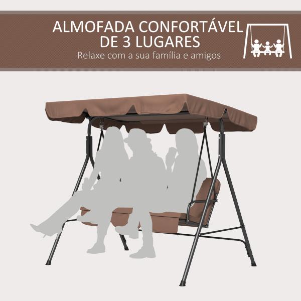 Baloiço de Jardim de 3 Lugares com Almofada Toldo Ajustável e Estrutura de Aço para Balcão Terraço 172x110x153 cm Marróm