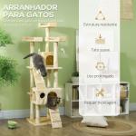Árvore Arranhador para Gatos Grande 49x49x173 cm com Múltiplos Níveis Cavernas Brinquedos Suspensos Centro de Atividades de Sisal Bege