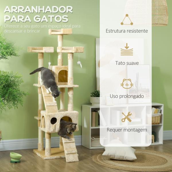 Árvore Arranhador para Gatos Grande 49x49x173 cm com Múltiplos Níveis Cavernas Brinquedos Suspensos Centro de Atividades de Sisal Bege