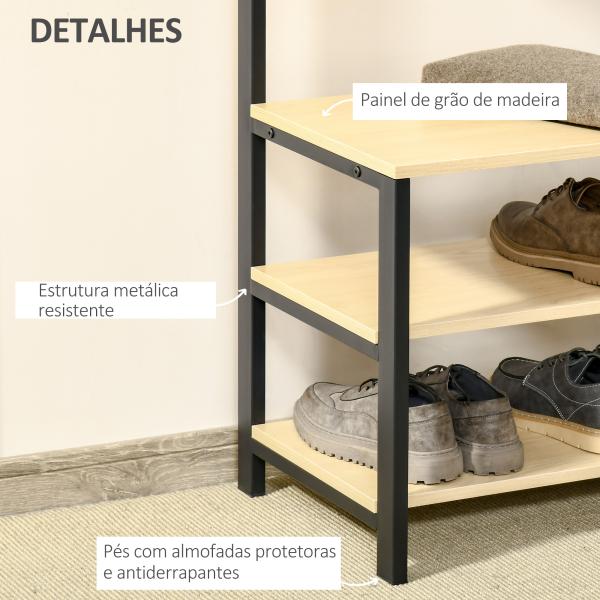 Móvel Cabide de Entrada de Metal com 3 Prateleiras e 4 Ganchos 60x40x175 cm Preto e Madeira