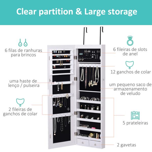 Espelho com Móvel de Bijuterias de Parede ou Porta Espelho de Parede com LED 5 Prateleiras 2 Gavetas pequenas e Fechadura 37x120x10cm Cinza Claro