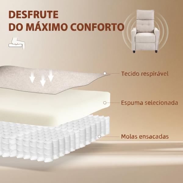 Poltrona de Massagem Reclinável com Apoio para Pés 2 Zonas de Massagem Assento com Molas Bolsos Estofamento em Linho Creme