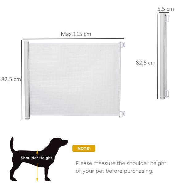 Barrera para Cães Retrátil Dobrável com Largura Ajustável 5,5 - 115 cm com Função de Enrolamento Automático Branco