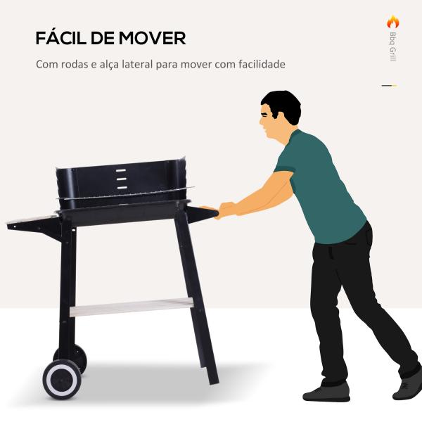 Barbecue a Carvão com Grelha Ajustável em Altura Prateleiras e Rodas para Jardim Exterior Campismo 83x45x87 cm Preto