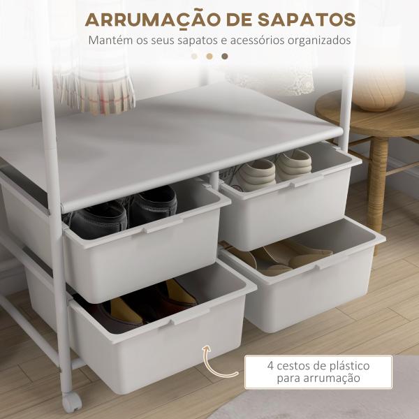 Charriot Moderno 8 Ganchos e 4 Cestos para Armazenamento Charriot com Rodas e Estrutura de Aço 63x37x153 cm Branco