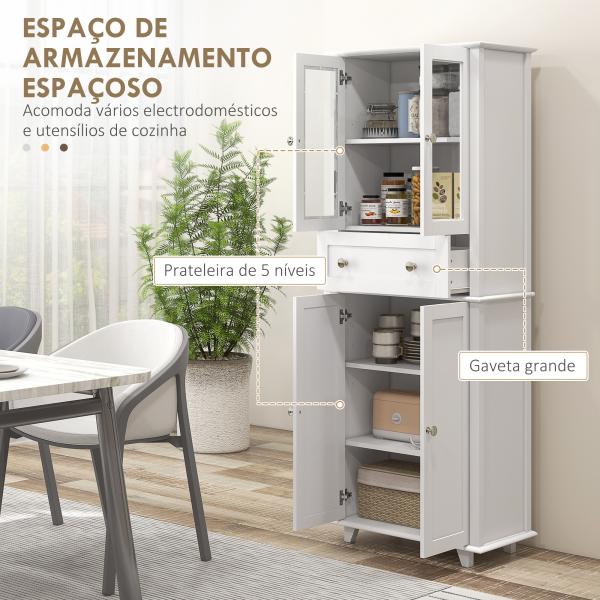 Armário de Cozinha Móvel Auxiliar de Cozinha com 2 Portas de Vidro Gaveta e Prateleiras Ajustáveis 61x35x168,5 cm Branco
