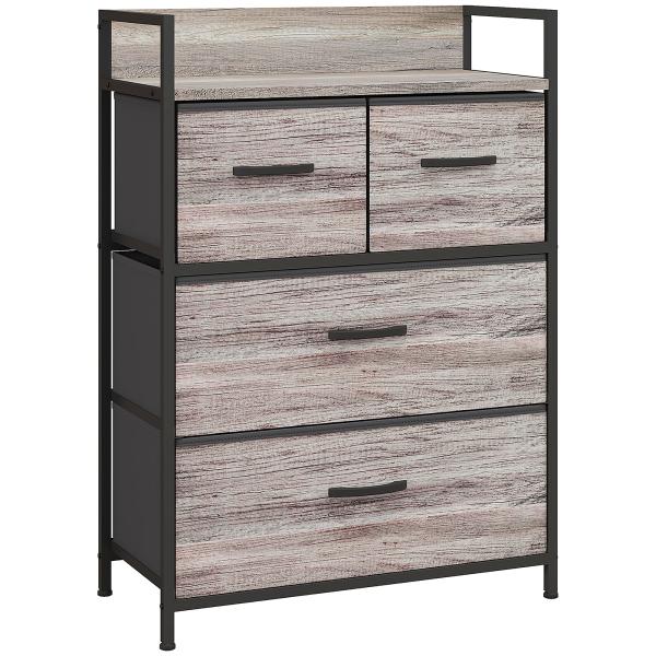 Cómoda de Quarto Armário de Armazenamento com 4 Gavetas Dobráveis Prateleira Aberta e Estrutura de Aço para Sala Entrada 60x29x85 cm Cinzento