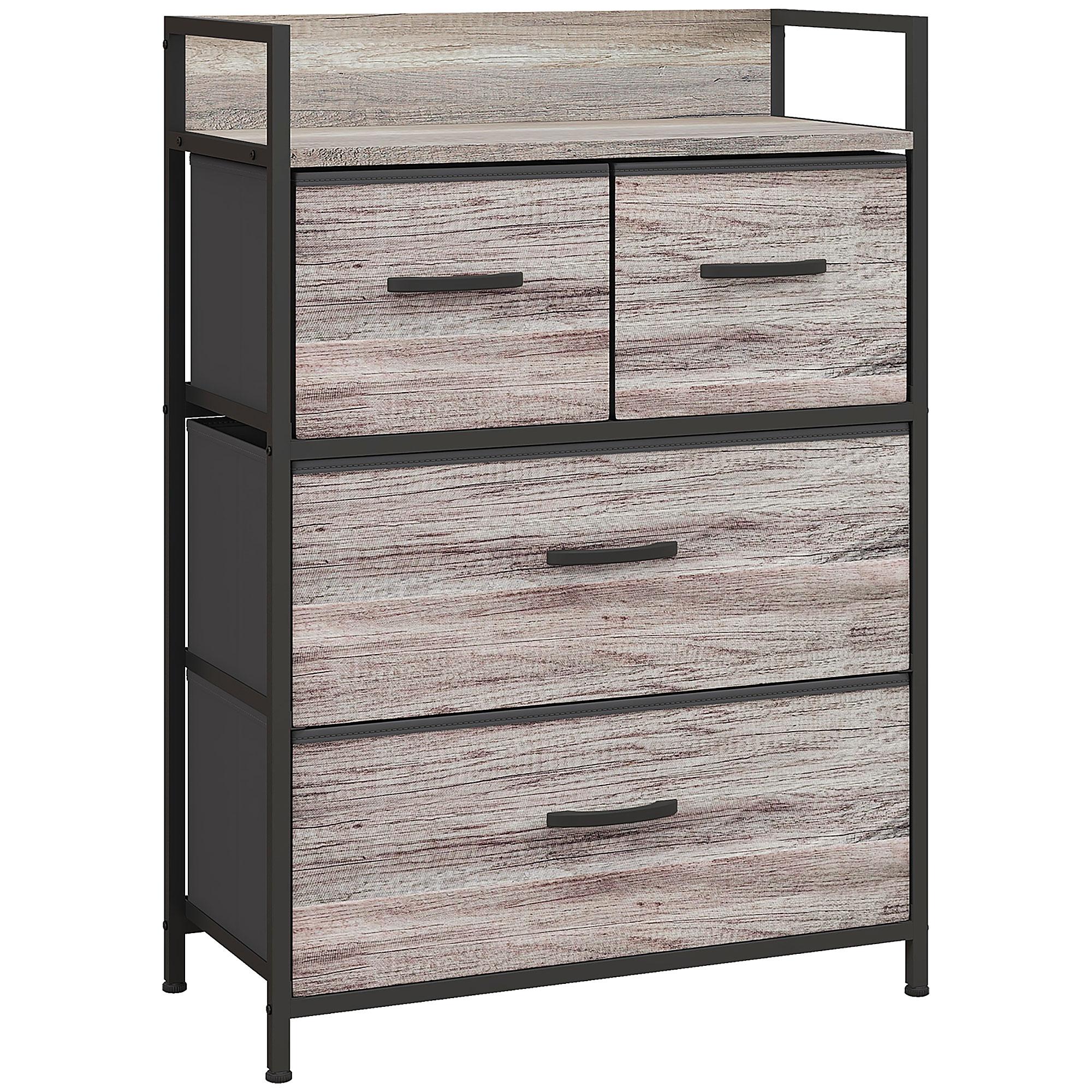 Cómoda de Quarto Armário de Armazenamento com 4 Gavetas Dobráveis Prateleira Aberta e Estrutura de Aço para Sala Entrada 60x29x85 cm Cinzento
