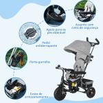 Triciclo Evolutivo para Bebés de +12 Meses 2 em 1 com Toldo Dobrável Guiador Cinto de Segurança e Cesto 95x50x106 cm Cinza