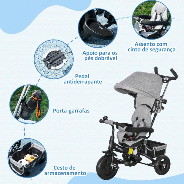 Triciclo Evolutivo para Bebés de +12 Meses 2 em 1 com Toldo Dobrável Guiador Cinto de Segurança e Cesto 95x50x106 cm Cinza