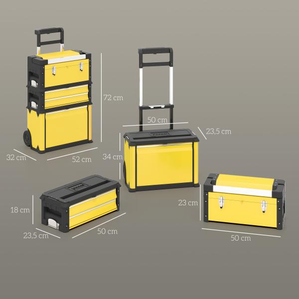 Caixa de Ferramentas Empilhável 3 em 1 Caixa de Ferramentas com Rodas Carro de Ferramentas de Aço 52x32x72 cm Amarelo e Preto