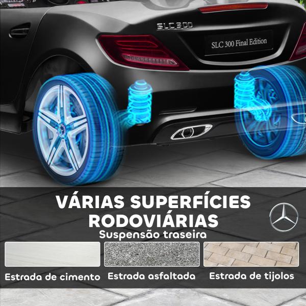 Carro Elétrico Mercedes SLC 300 12V com Controlo Remoto Faróis LED Música TF USB e Abertura da Porta 3 - 5km/h 107x62,5x44 cm Preto