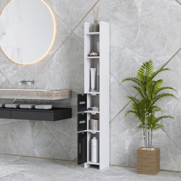 Coluna Casa de Banho com 3 Portas e 3 Prateleiras Abertas Coluna Auxiliar Estilo Moderno 15x17x120 cm Branco e Preto