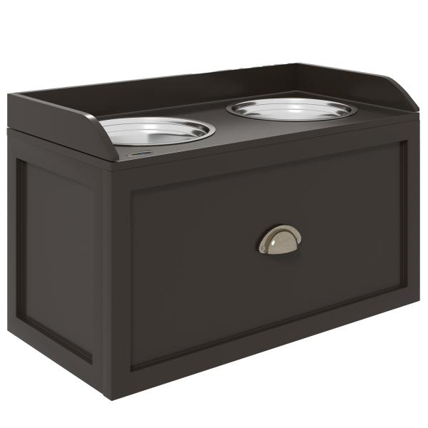 Comedouro Elevado para Cães com 2 Tigelas 2000ml de Aço Inoxidável Gaveta Oculta com Suporte de Madeira 60x30x36cm Marrom Escuro