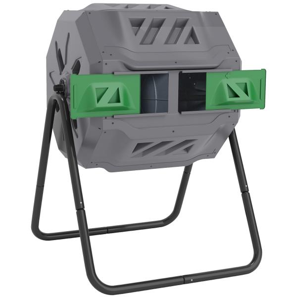 Compostor de Tambor Giratório com Capacidade 160L de Dupla Câmara e Ventilação para Resíduos Orgânicos 71x65x96 cm Cinza e Verde