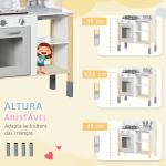 Cozinha Infantil de Madeira Cozinha para Crianças acima de 3 Anos com Altura Ajustável Luz Sons 60x30,5x93,2cm Branco e Cinza