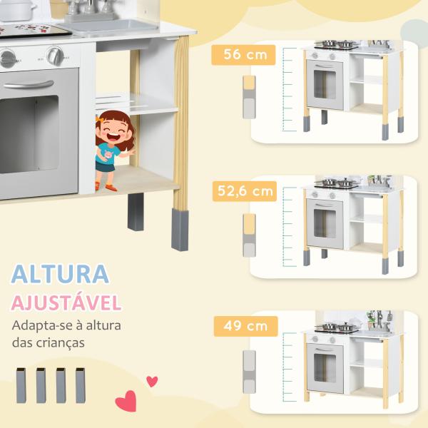 Cozinha Infantil de Madeira Cozinha para Crianças acima de 3 Anos com Altura Ajustável Luz Sons 60x30,5x93,2cm Branco e Cinza