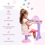 Piano Eléctrico Infantil 32 Teclas Piano Infantil com Microfone Banquinho Luzes Ritmos Sons MP3 Karaoke Rosa