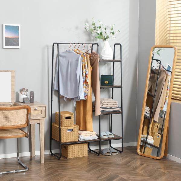 Suporte para Cabides com 4 Prateleiras de Armazenamento e Barra de Pendurar Estilo Industrial 101x39x160cm Marrom e Preto